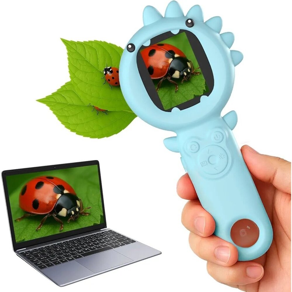 2-in-1 Microscope Camera for Kids, Mini Handheld Blue Dinosaur